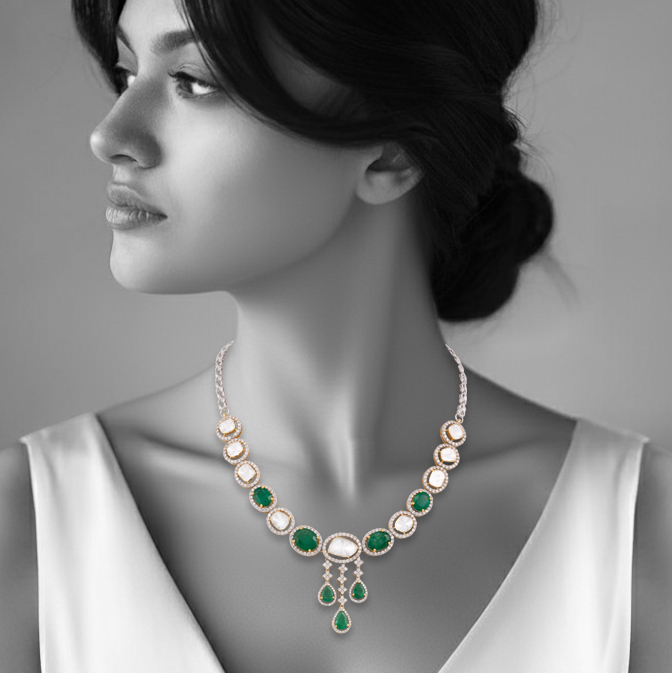 Polki and Zambian Emerald Necklace with Cascading Drops